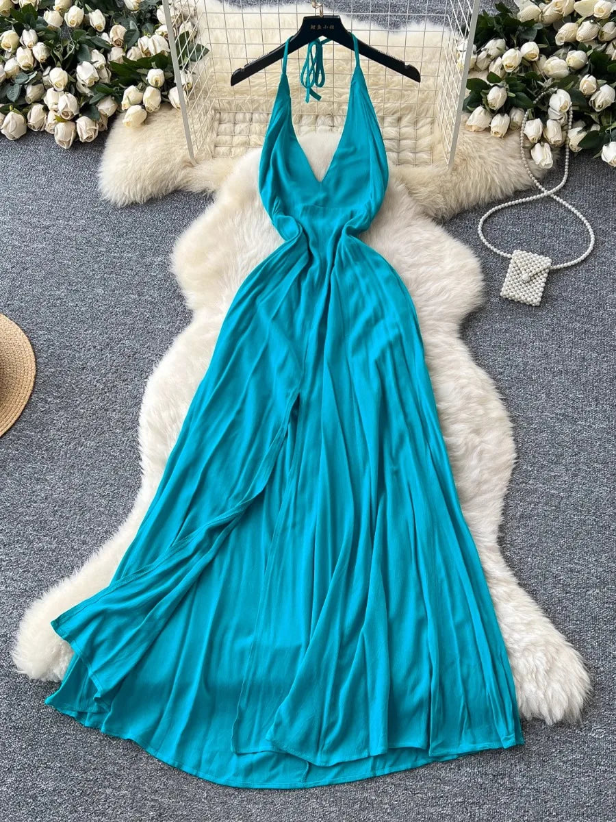turquoise summer maxi dress Turquoise Maxi Halter Neck Backless Summer Dress