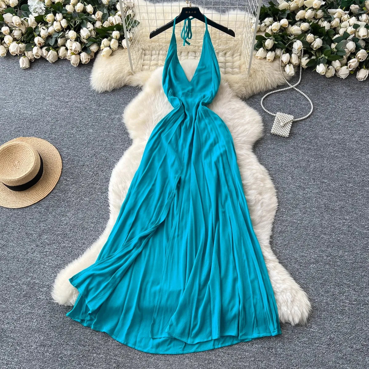 turquoise summer dress Ring Halter Surplice Tie Mini Blend Dress ASOS DESIGN cami crinkle overlay