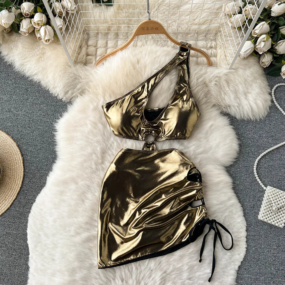 Metallic Gold Asymmetric Cutout Bodycon Mini Dress on Luulla