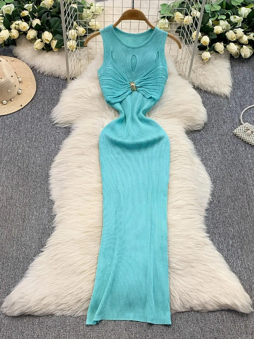 Turquoise Sleeveless Bodycon Maxi Dress With Brooch on Luulla