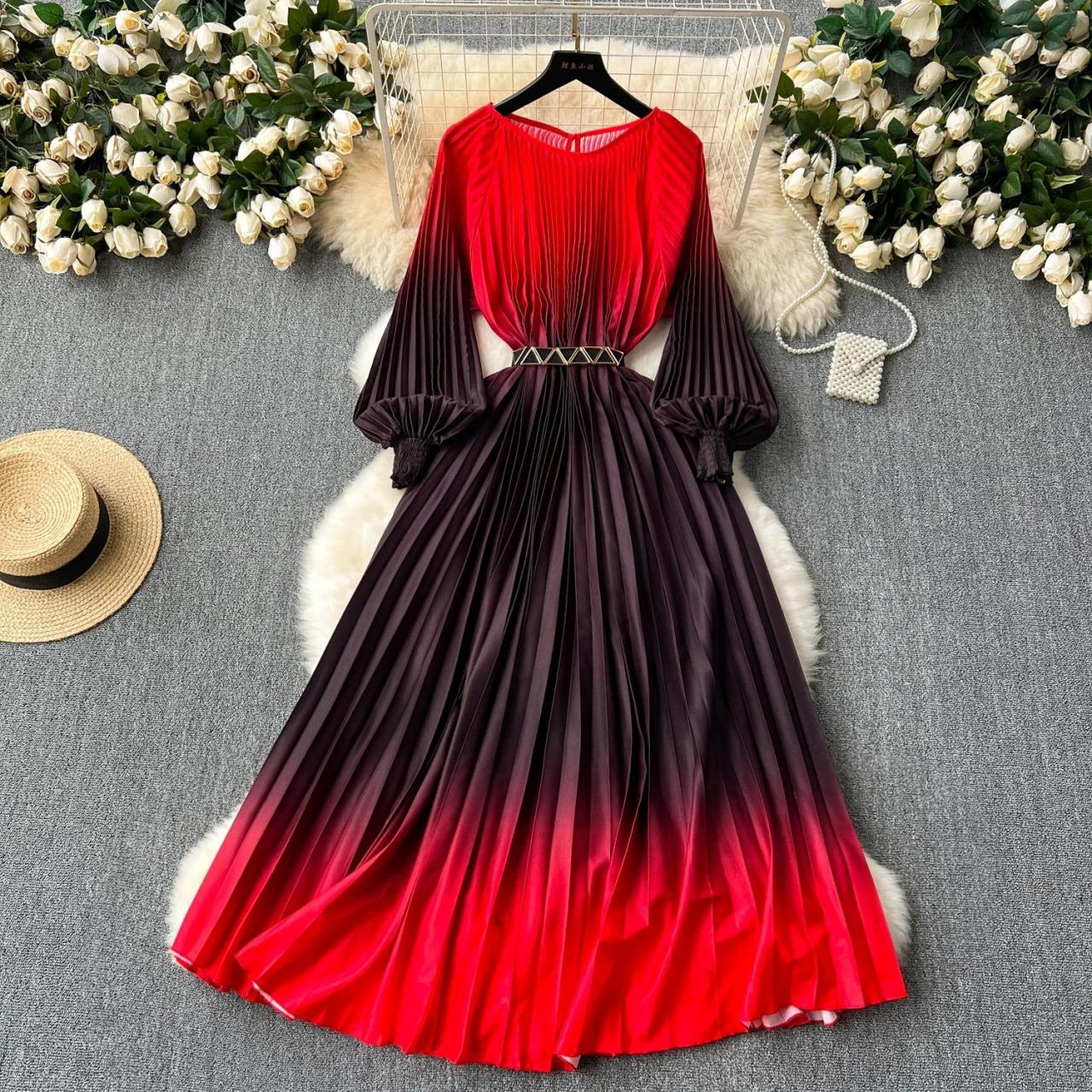 long sleeve ombre maxi dress Anna-Kaci Women's Long Sleeve Pleated Maxi Dress with Gradient Ombre Skirt and Fitted Bodice