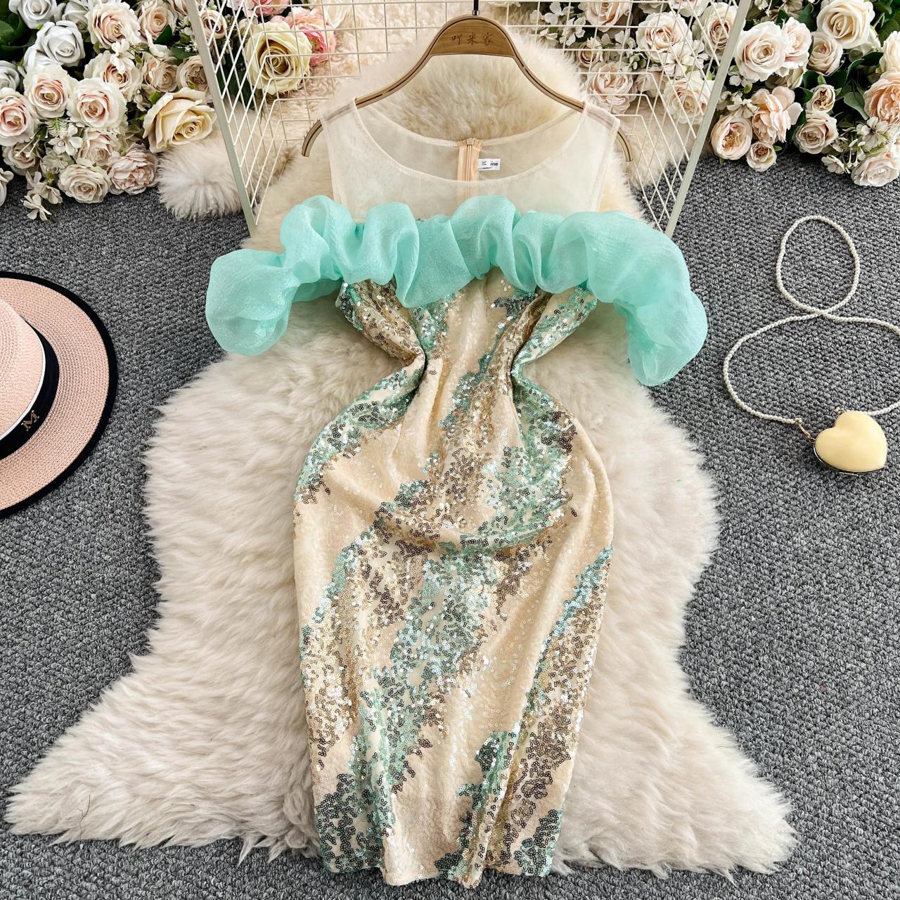Sequin Green Champagne Off-shoulder Bodycon Party Dress