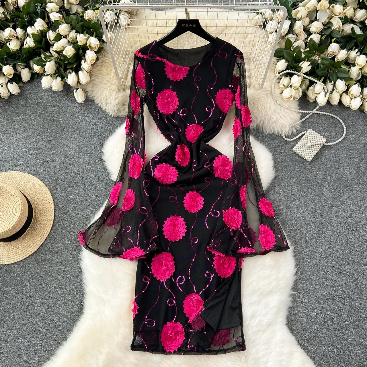 black mesh dress with embroidery Black Floral Mesh Dress With Embroidered Sleeves