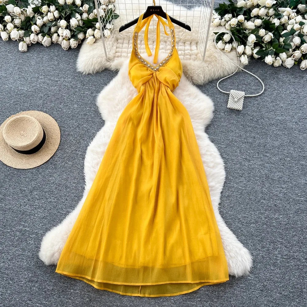 Yellow Halter Maxi Dress With Beaded Neckline