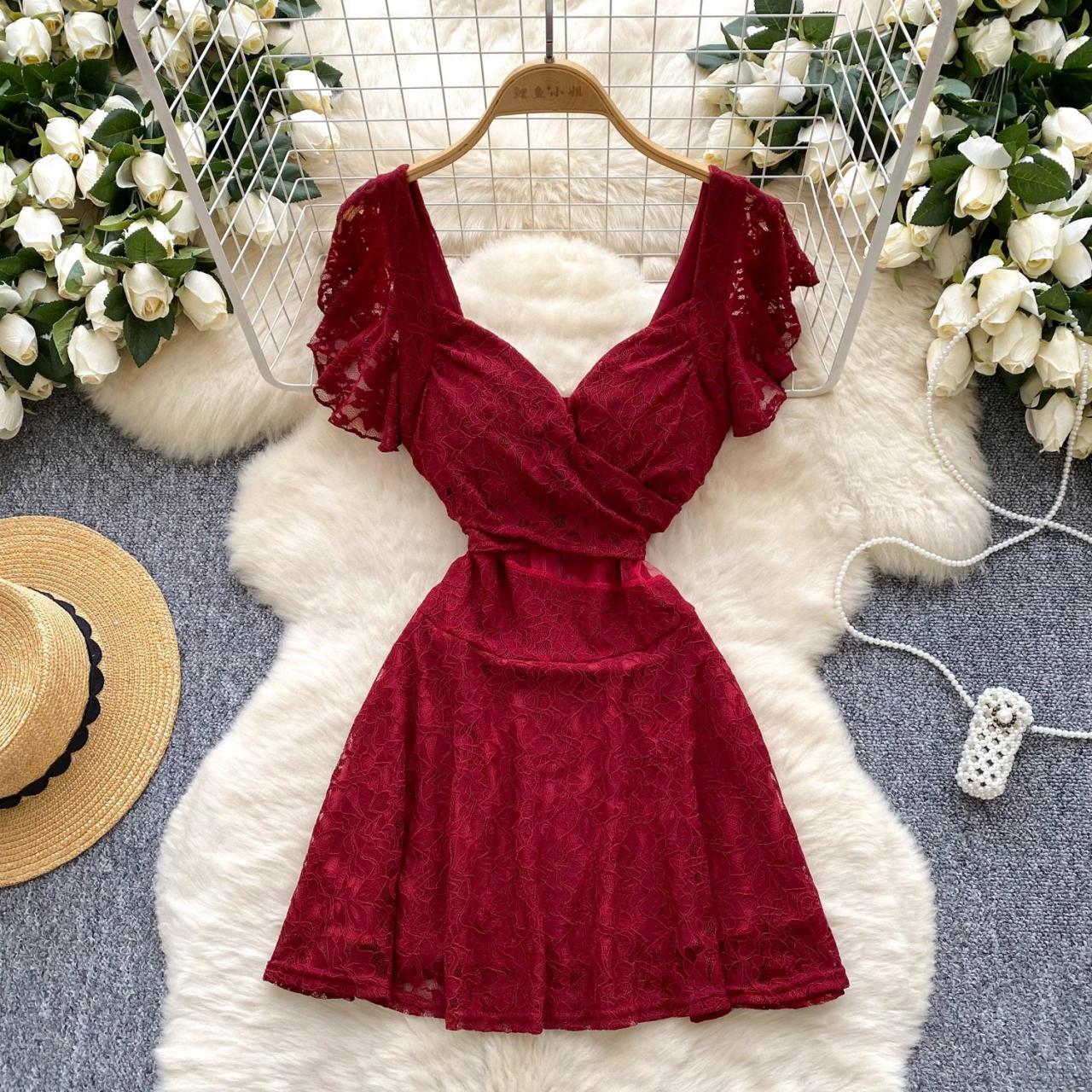 short red flowy dress Outfmvch Mini Dress Casual Boho Sleeveless Spaghetti Strap Tiered Beach Sun Dresses womens dresses fall dresses Item Descriptions Mini Dress Long Sleeve Red