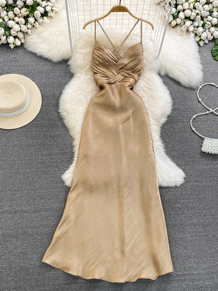 Champagne Satin Sleeveless Cross-Back Maxi Dress