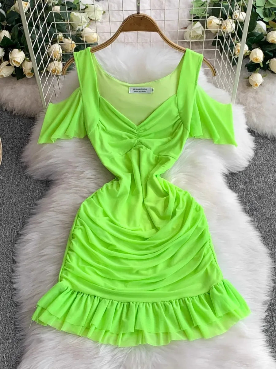 bodycon neon green dress Neon Green Off-shoulder Ruffled Bodycon Dress