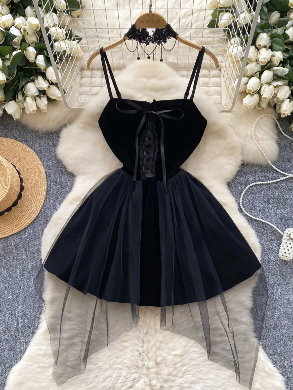 black velvet corset dress Sarifa | Strapless Midi With Ruffle Peplum It has draping accents Long Black Velvet Dress With