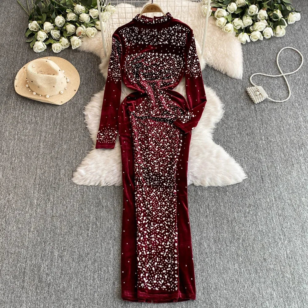 fitted lace wedding dress Plus Size Sweetheart Long Sleeve Burgundy Sequin Prom Dress PJM041L main image 1