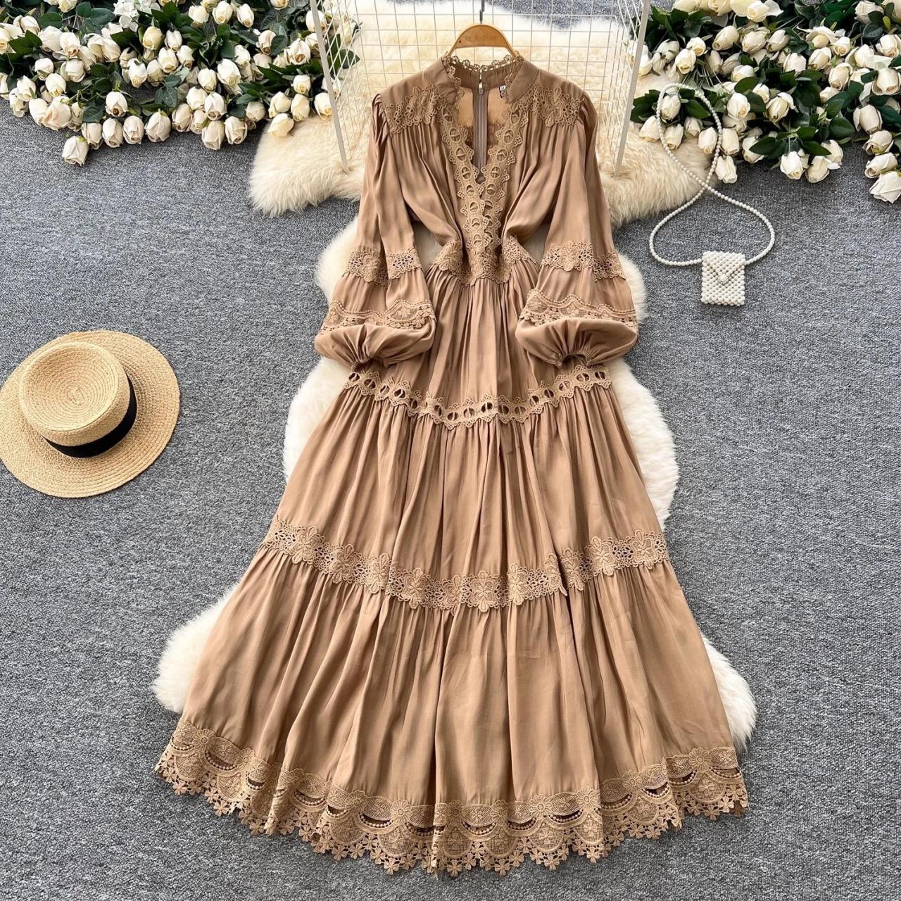 beige boho maxi dress Hinvhai Womens Deep V Neck Puff Short Sleeve Tired Maxi Dress Boho Long Flowy Summer Dresses Beige Xl(xl), Women's