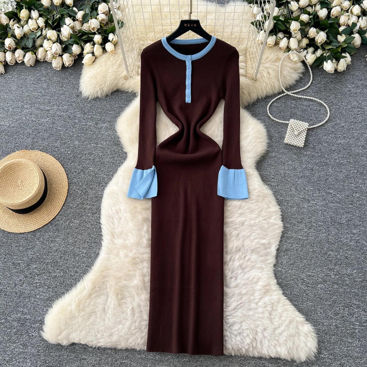 knee length midi dress 3/4 Sleeves Midi Knee Length Dress 8526 XS / Burgundy(Maroon) main image 1