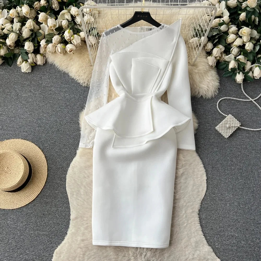 white peplum midi dress Elegant White Lace Peplum Midi Dress, Formal Floral Embroidered