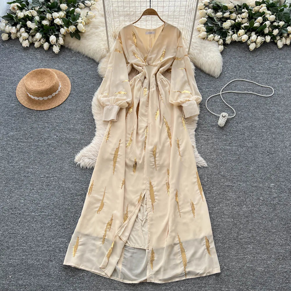 Beige Floral Embroidered Long Sleeve Maxi Dress