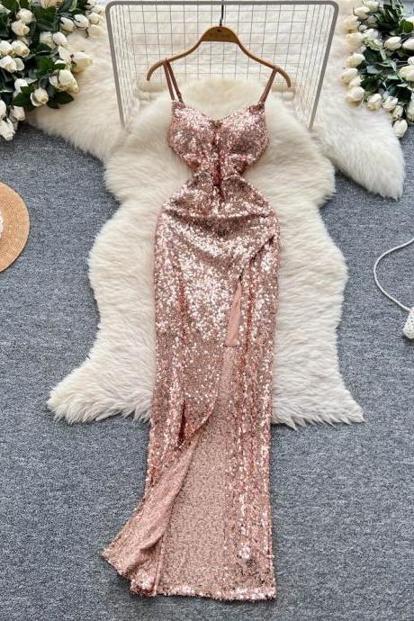 plt rose gold sequin dress Luxury Rose Gold Ruffles Ball Gown Evening Dress SS731 main image 0